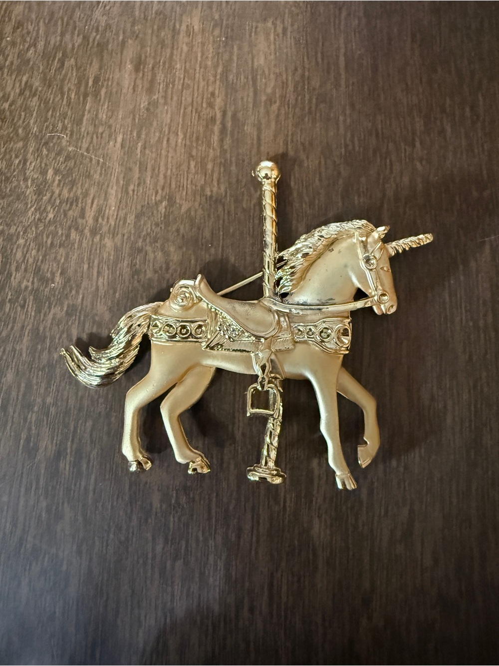 Vintage Unicorn Carousel Horse Pin Brooch Goldtone 2.5” X 3” Merry Go Round